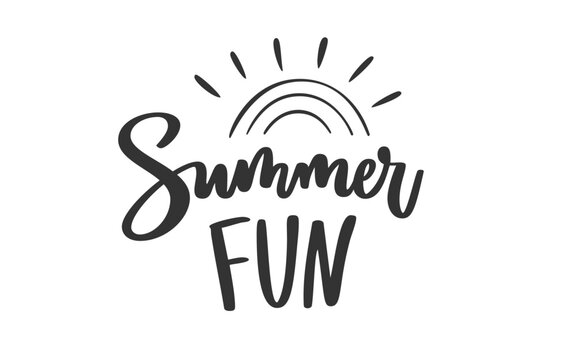 Summer Fun Handwritten Typography with Rainbow and Sun Rays. Playful seasonal lettering design for posters, apparel, stickers, greeting cards, branding and social media graphics. Vector Illustration