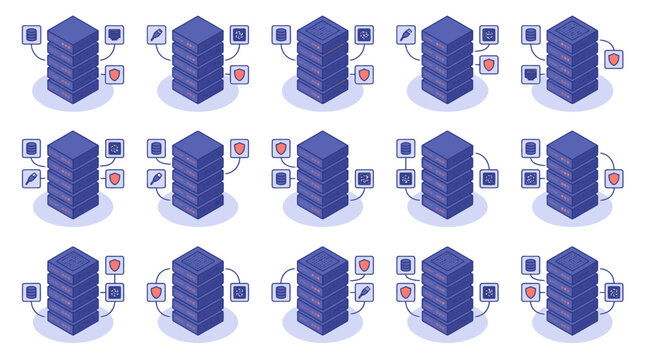 Elegant of Modern Data Centers with Security and Functionality Icons in Blue and White with high quality professional line art symbols for modern creative design and digital branding projects
