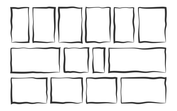 Hand Drawn Black Outline Frames. Irregular Rectangle and Square Borders with Wavy Organic and Thick Asymmetrical Geometric Wave Line Corners. Trendy Sketch Doodle Abstract Box Shape Vector Frame Set