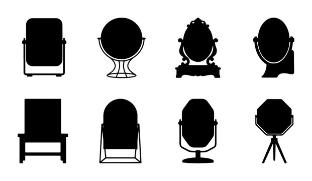 Set of 8 Black Silhouette Mirrors, Vanity, Makeup, Decorative, Various Shapes, Vector Icons for Beauty and Design