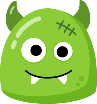 Cute green monster face with horns and stitches vector illustration
