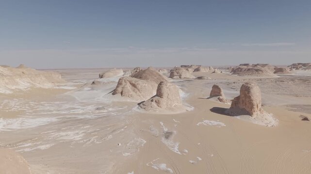 White Desert, Bahariya Oasis, Egypt: Chalk Rock Formations, Ascending, Flying Forward, Aerial DJI Drone, Raw Footage