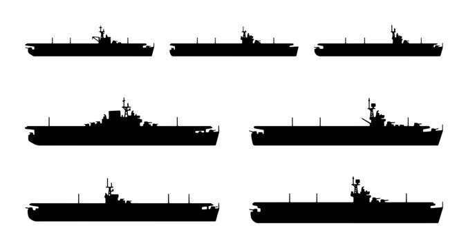 Aircraft Carrier Silhouettes, Naval Warship Vector Icons, Military Fleet Ship Set, Aviation Vessel Collection