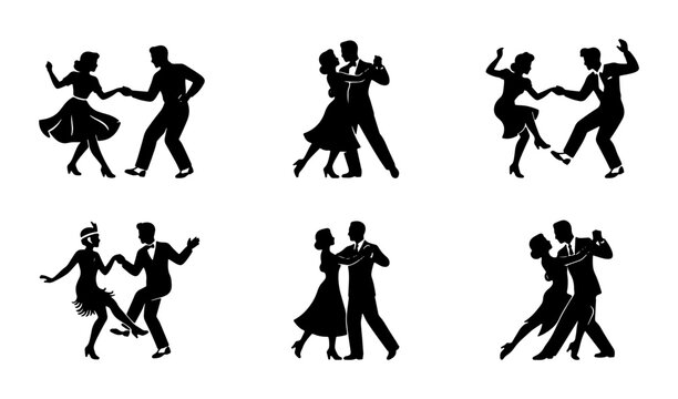 Retro Swing Dance Silhouettes, Vintage Couple Dancing Icons, 60s Jive Movement Graphics, Classic Ballroom Pair Vector Set