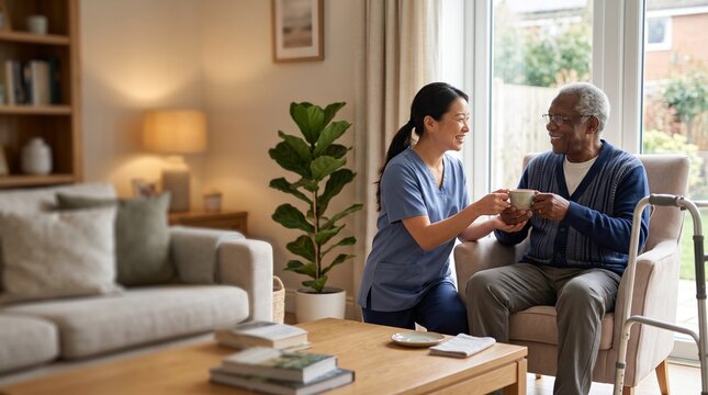Caregiver assisting elderly man with a cup of tea in a bright home living room setting