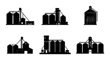 Agricultural Silo Set, Grain Storage Facilities Collection, Industrial Farm Structures Vector Icons, Rural Infrastructure Silhouettes © Mahiya