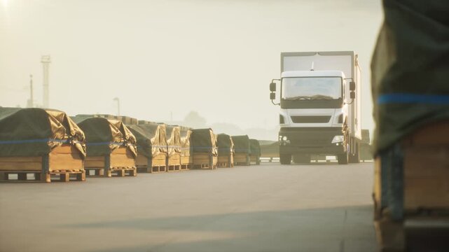 Land transport and logistics concept. Cargo semi truck in shipping zone area at yard port background. 3D animation.