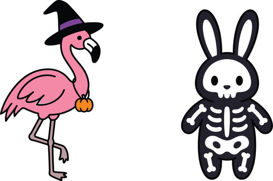 Cute cartoon illustration of a pink flamingo wearing a witch hat and a bunny in a skeleton costume