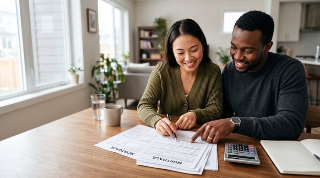 Happy couple reviewing mortgage paperwork and financial documents at home table