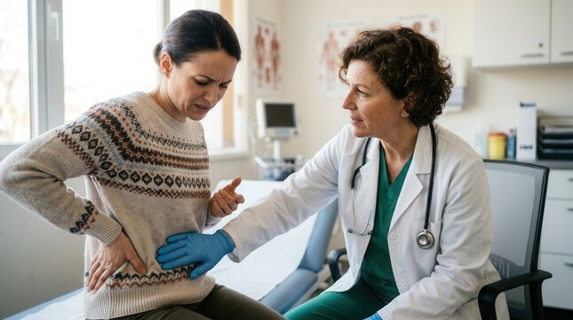 Doctor Examining Patient Experiencing Abdominal Pain