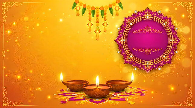 Diwali festival greeting background with burning diya oil lamps and traditional decorative round purple frame on orange backdrop