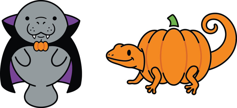 Cute cartoon manatee dressed as a vampire and a funny lizard shaped like a halloween pumpkin