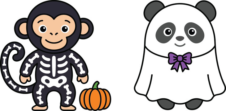Cute cartoon monkey in a skeleton costume and a panda dressed as a ghost for halloween