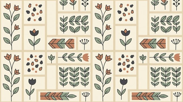 Nordic botanical repeating pattern with floral elements and geometric shapes