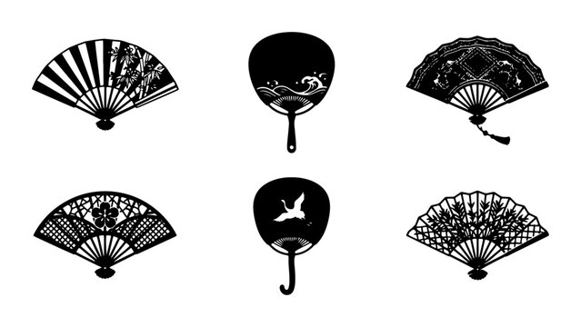 Japanese Uchiwa Fans Vector Set, Traditional Oriental Handheld Cooling Accessories, Elegant Black Silhouette Designs for Cultural Graphics and Summer Decor