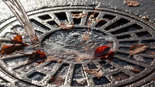 Rainwater rapidly flowing into a circular metal storm drain. Wet autumn leaves swirling around the grate during a heavy downpour