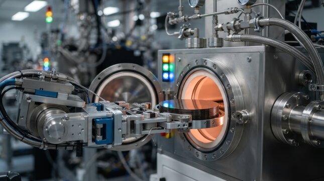 Robotic arm loading a wafer boat into a semiconductor processing chamber with purge lines, stainless clamps, and glowing status lights.