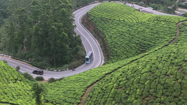 Aerial View of Scenic Mountain Roads and Tea Plantations in Munnar, Kerala, India