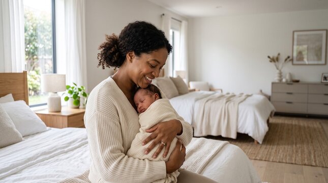 Happy mother holding her newborn baby in a cozy bedroom, maternity and motherhood concept.