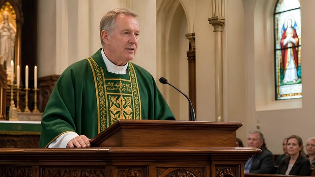 Priest delivering a sermon from the wooden pulpit inside a traditional church