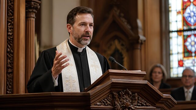Catholic Priest Delivering Sermon From Wooden Pulpit In Traditional Church