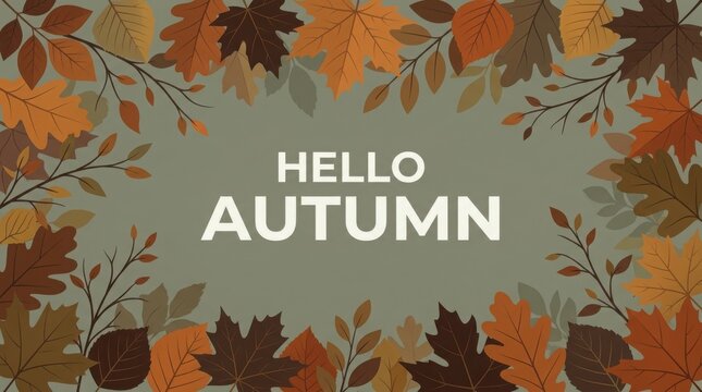 Autumn leaves framing 'Hello Autumn' text with warm seasonal colors