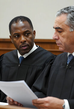 Judicial justice and legal deliberation, two diverse judges in black robes reviewing court documents during a serious legal proceeding in a courtroom