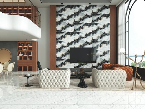 Lavish living room with a marble fireplace surround, limestone-look floor tiles, curved sofa, sculptural coffee table, and layered decorative accessories. Mockup. 3D Rendering. 3D Illustrations