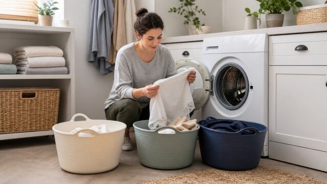 Cold water laundry sorting: A household member sorts delicate clothes before a cold-water wash using blank color baskets