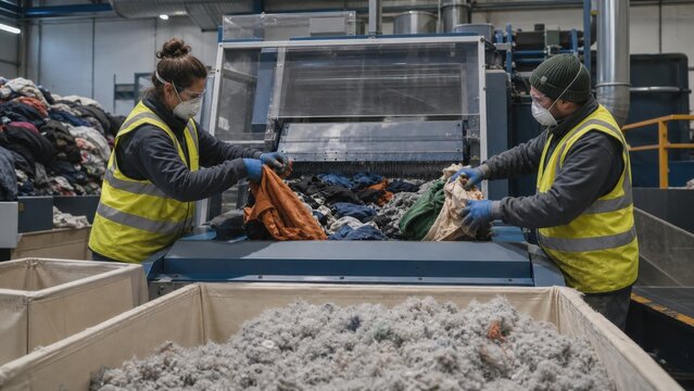 Mechanical fiber opening: Technicians feed color-sorted fabric scraps into a guarded fiber-opening machine with correct PPE