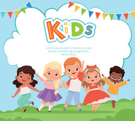 Naklejka premium Happy kids jumping with bunting banner web template