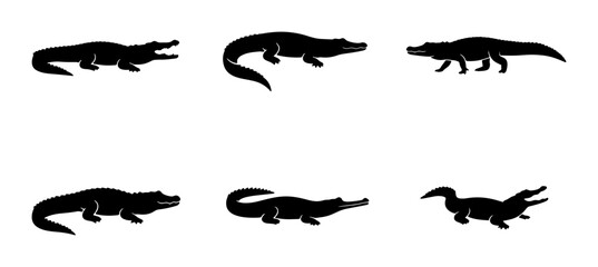 Fototapeta premium Alligator Silhouettes Collection, Reptile Icons Set, Wildlife Vector Graphics, Black and White Animal Illustrations for Design