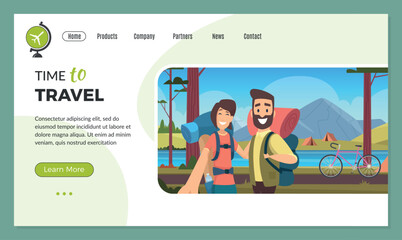 Naklejka premium Hikers couple selfie by lake web landing page template