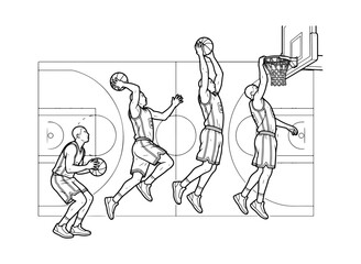 Basketball slam dunk sequence line art illustration © Samiulislam