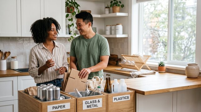 Happy couple sorting household waste into recycling bins in a modern kitchen interior.