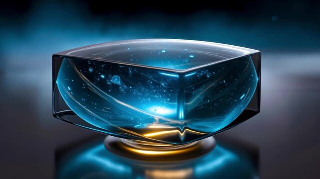 Futuristic glass cube container filled with glowing blue liquid energy and sparkling particles
