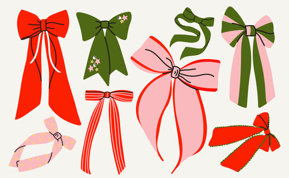 Set of eight Christmas ribbon bows with long tails, striped details, star patterns and scalloped trim. Hand drawn vector decorations for gift wrapping and holiday packaging.
