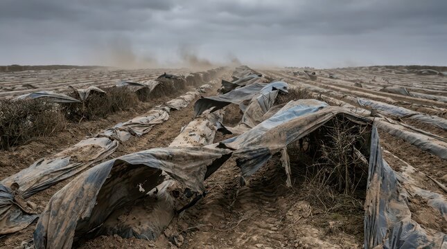 Drought damaged agricultural field with torn plastic mulch and cracked soil for environmental poster and background about agro crisis and land degradation