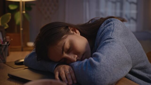 Caucasian young adult woman sleeping on closed laptop at desk, experiencing digital burnout from overworking. Video suitable for corporate wellness and mental health awareness campaigns