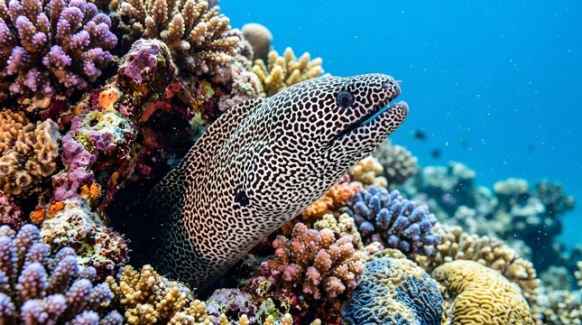 Spotted moray eel peeking from colorful coral reef in a tropical ocean environment
