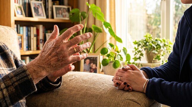 Elderly man gesturing while talking to a caregiver or family member in a sunlit living room, sitting on a sofa during an intimate conversation