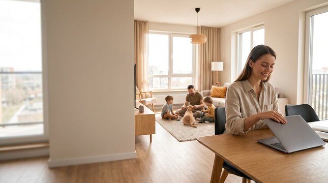 Woman closing laptop at home office desk with family playing in background
