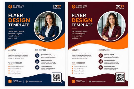 Corporate flyer design template, professional marketing leaflet with businesswoman portrait. Vector layout for company profile, services, contact info. Easy to edit layout for advertising.