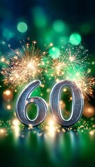 Naklejka premium Silver Metallic Number Sixty on Dark Emerald Green Anniversary Background with Holiday Fireworks