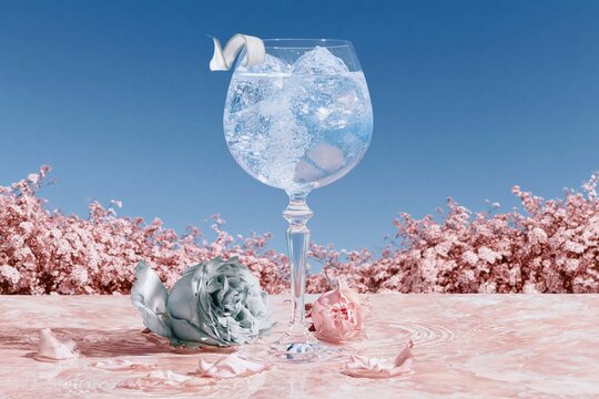 Stemmed balloon glass of sparkling elderflower fizz with cucumber, sitting on a wet stone table with rose blooms for summer beverage campaigns