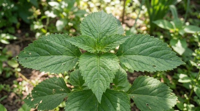Green Perilla Plant Leaves Growing Outdoors in Sunlight.