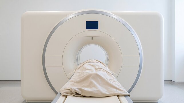 MRI scanner with a patient lying on the table under a rumpled blanket in a crisp clinical suite for medical diagnostics and healthcare imaging