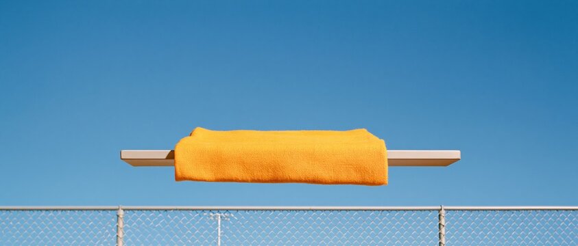 Folded yellow wool blanket floating above a grey bleacher plank on a dark evening, featuring cozy knit textures and copy space for a brand