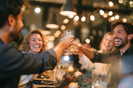 Friends raising glasses over a festive table with a glowing fir garland, creating a convivial, warm atmosphere for holiday celebrations and dining