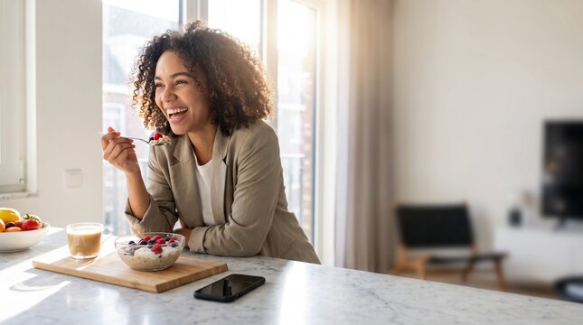 Professional woman eating healthy breakfast at home kitchen counter